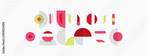 Abstract shapes, pinks, greens, grays compose minimalist design. Geometric forms create playful composition. Simple, modern aesthetic.