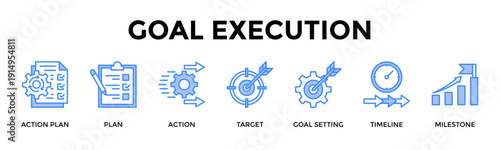 Goal Execution Banner Web Icon Set Collection Pack Vector Illustration Concept For Action Plan, Plan, Action, Target, Goal Setting, Timeline, Milestone