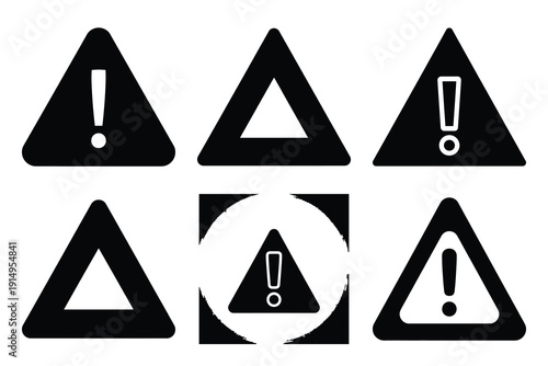 Popular silhouette icons of  error triangle on white background.