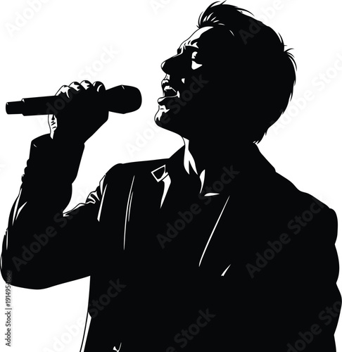Male singer silhouette dramatically holding a microphone while performing.