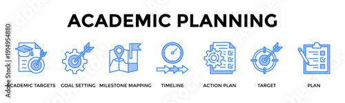 Academic Planning Banner Web Icon Set Collection Pack Vector Illustration Concept For Academic Targets, Goal Setting, Milestone Mapping, Timeline, Action Plan, Target, Plan