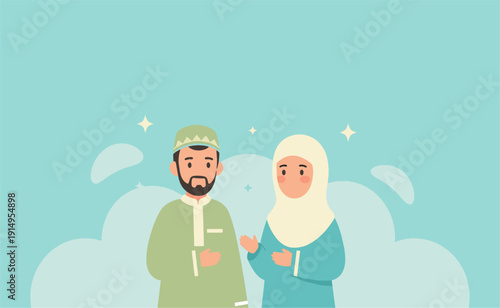 Illustration of Muslim Couple Standing Together.