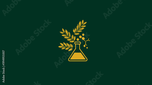 A minimalist graphic with a yellow stylized Erlenmeyer flask, leaves, and molecular elements on green