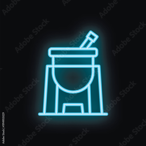 Blue neon sign of traditional calabash gourd for drinking yerba mate with bombilla on a black background