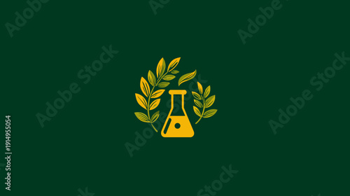 A stylized golden laboratory flask encircled by branches against a deep green background