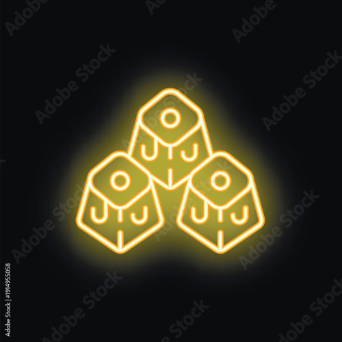 Yellow neon sign depicting three pieces of turkish delight against a black background
