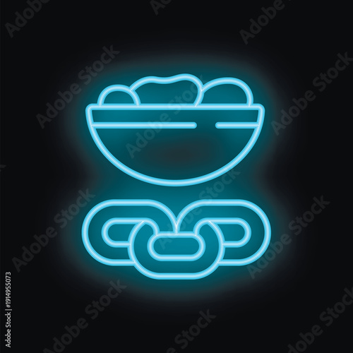 Blue neon icon of bowl full of crypto coins is glowing on dark background, representing concept of food security in blockchain technology