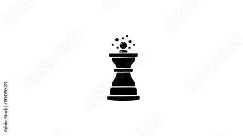 A stylized black illustration of a queen chess piece with floating dots above, on a white background