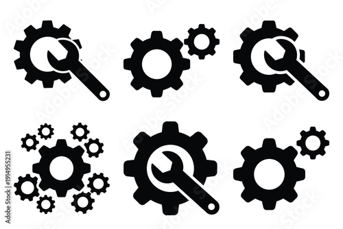 Popular silhouette icons of  gear settings on white background.