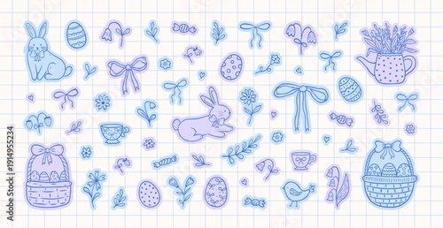 Set of hand drawn Happy Easter coquette beautiful stickers. Bows and ribbons, cute bunnies, flowers and leaves, basket, eggs drawing in whimsical blue lines. Vector cute pastel illustration.