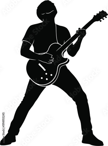 Guitarist silhouette passionately plays electric instrument with energetic.