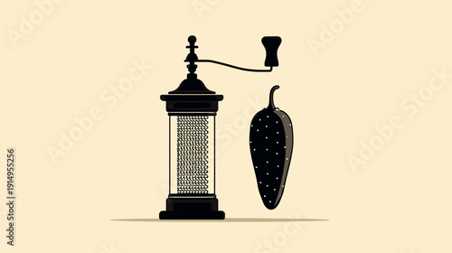 A black spice grinder with a pepper next to it on a light beige background