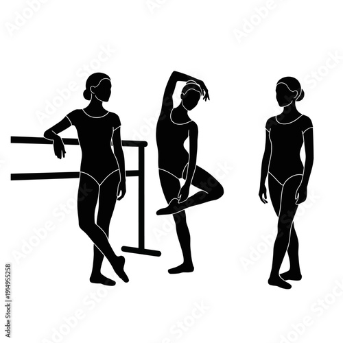 Three female ballet dancers in various poses at the barre.
