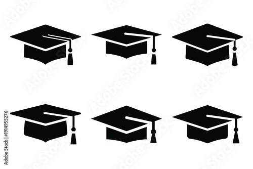 Popular silhouette icons of  graduation cap on white background.