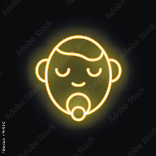 Yellow neon icon of a sleeping baby face with closed eyes and a pacifier on a black background