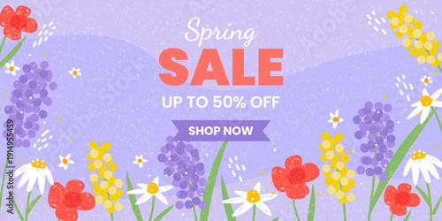 Spring floral sale banner with botanical flowers background, vector illustration
