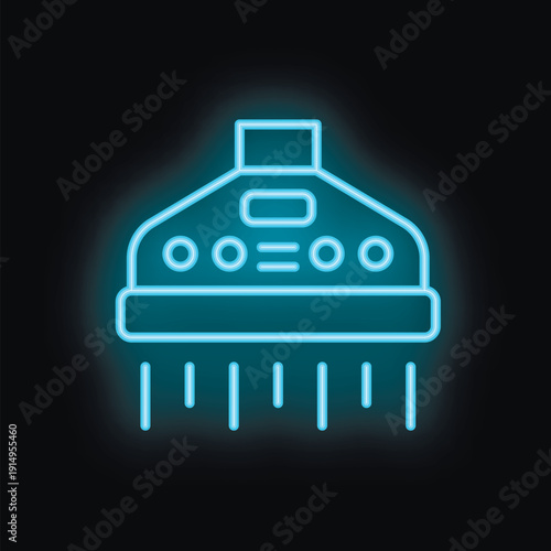 Blue neon sign of a professional hair steamer being used on black background