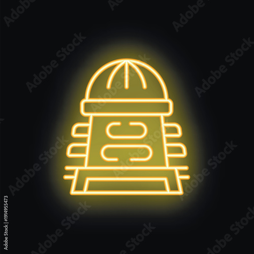 Glowing neon icon of a water tower, a symbol of urban infrastructure and water storage