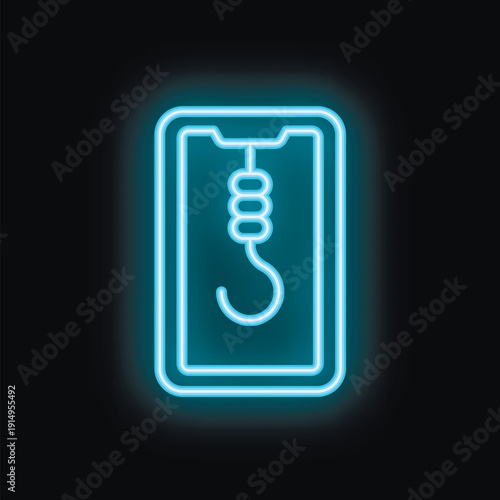 Blue neon icon depicting a smartphone with a fishing hook on its screen, symbolizing the dangers of online scams