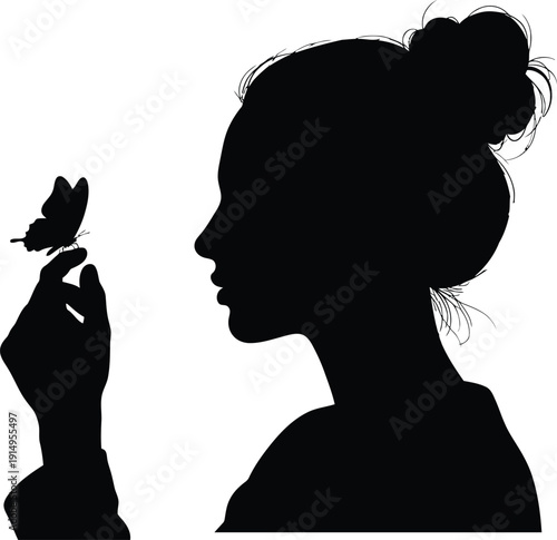 Elegant black silhouette profile of a woman with a butterfly resting delicately on her outstretched hand