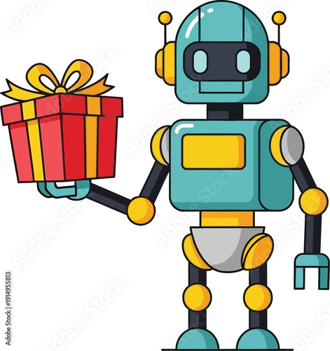 A cheerful robotic figure holding a pair of colorful gift boxes with joyful expression