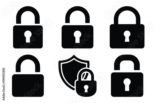 Popular silhouette icons of  lock security on white background.