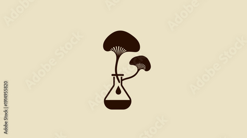 A dark brown illustration of two mushrooms in a beaker with a drop against a beige background