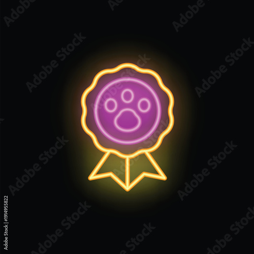 Neon sign showing a pet award with a ribbon and a paw print in a circle frame