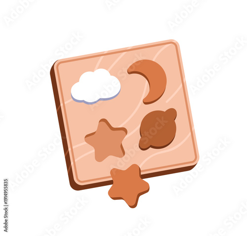 Sorting board, wooden toy for preschool nursery kids play. Wood game with sha...