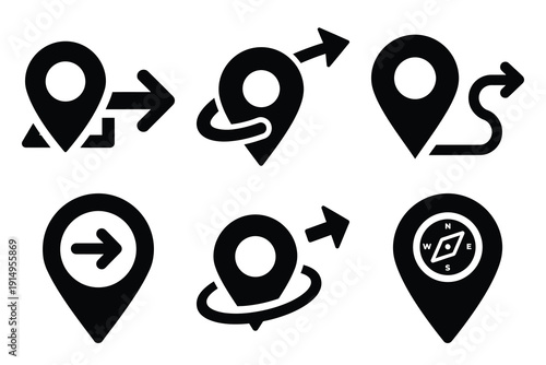 Popular silhouette icons of  map navigation on white background.