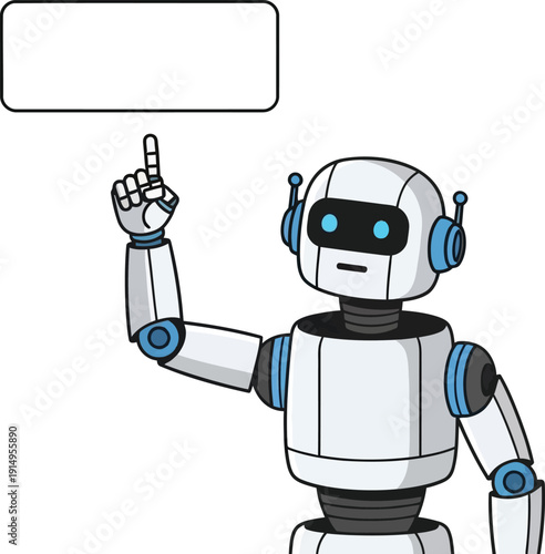 A friendly robot pointing towards an empty speech bubble