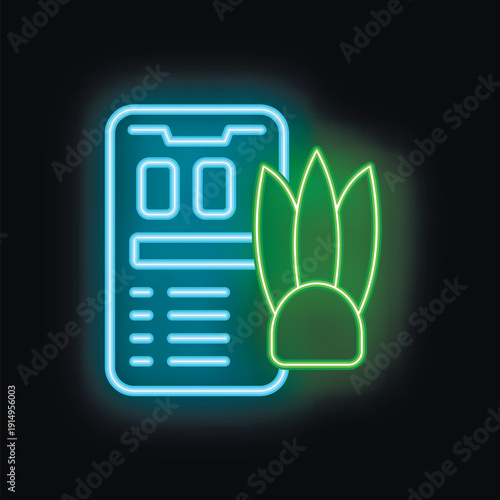 Bright neon icon of a mobile application for buying plants online