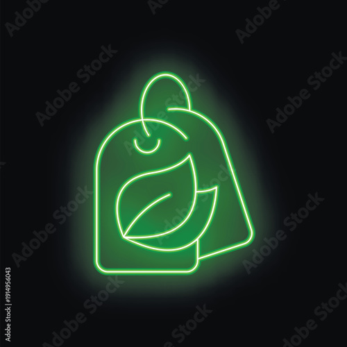 Green neon icon of a tag with a leaf, representing eco friendly products