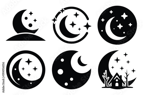 Popular silhouette icons of  moon night on white background.