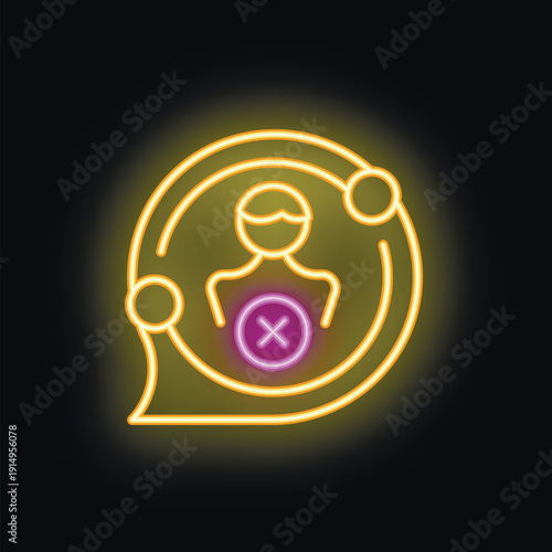 Neon sign of speech bubble with person icon and cross sign on body symbolizing body shaming concept