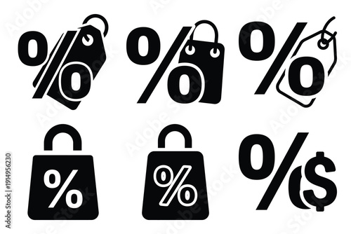 Popular silhouette icons of  percentage sale on white background.