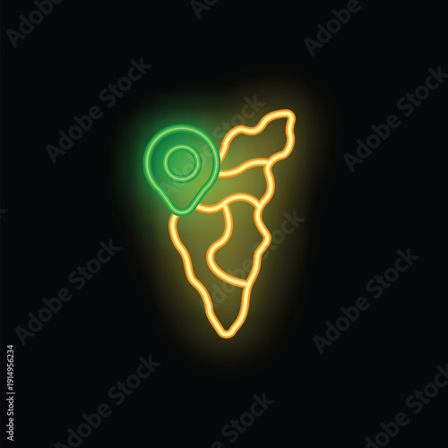 Neon icon of a location pin on a map, representing navigation and travel