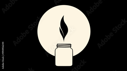 A candle flame stylized above a jar shape, with a circle outline behind
