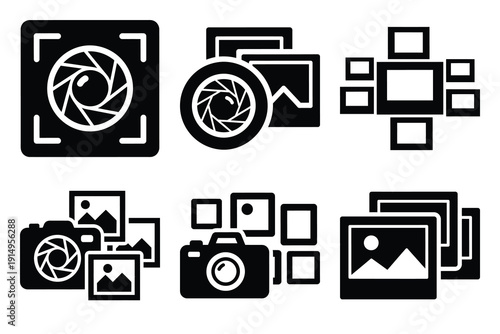 Popular silhouette icons of  photo gallery on white background.