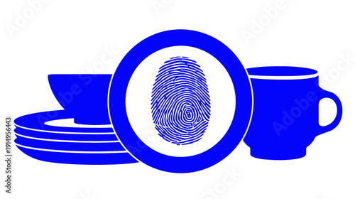 A blue silhouette illustration with a fingerprint, tableware, and a teacup on white