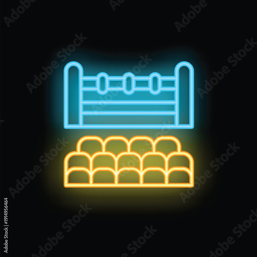Neon boxing ring icon with audience waiting for the match to begin glowing on a dark wall