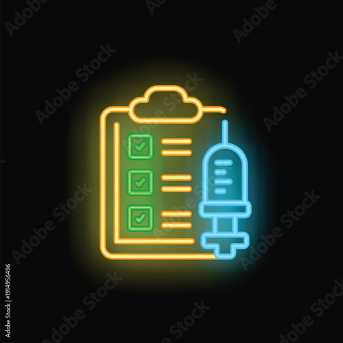 Glowing neon icon of a syringe and a clipboard with check marks, representing a vaccination plan