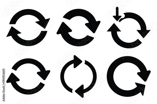 Popular silhouette icons of  refresh reload on white background.