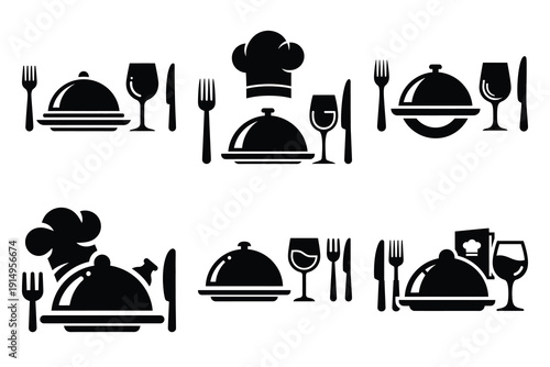 Popular silhouette icons of  restaurant food on white background.