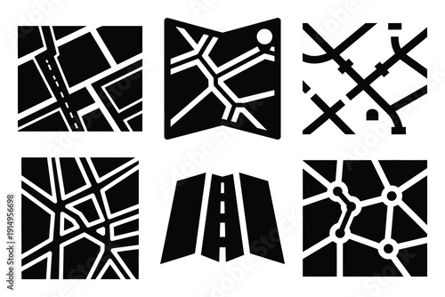 Popular silhouette icons of  road map on white background.