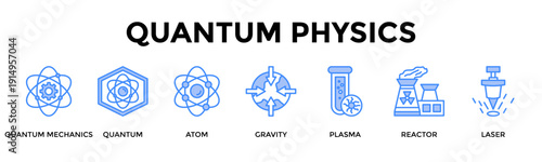 Quantum Physics Banner Web Icon Set Collection Pack Vector Illustration Concept For Quantum Mechanics, Quantum, Atom, Gravity, Plasma, Reactor, Laser