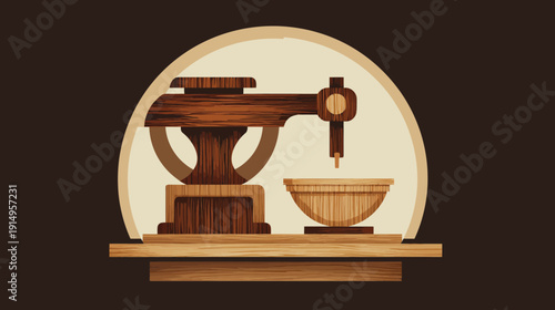 Illustration of a wooden mixing appliance, bowl, and shelf set against a dark background, in a beige circle