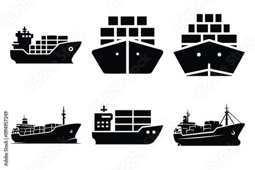 Popular silhouette icons of  ship cargo on white background.