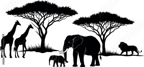 African savanna safari wildlife silhouette with elephants, giraffes, lion, and acacia trees, cad drawing flat vector illustration, isolated on white background