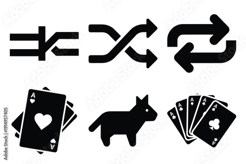 Popular silhouette icons of  shuffle random on white background.